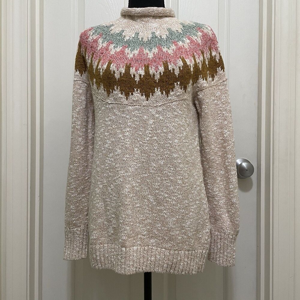 LL Bean Cotton Ragg Nordic Fair Isle Funnel Neck Pullover Knit‎ Sweater Small